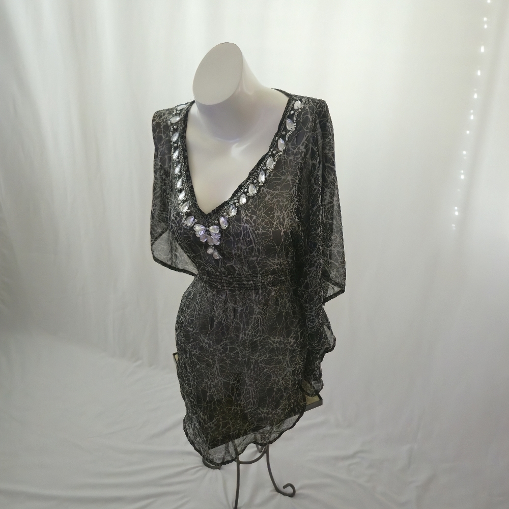 Sol Mer Black Sheer Beaded Cover Up S/M | Beach Swim Tunic Sparkle Resortwear